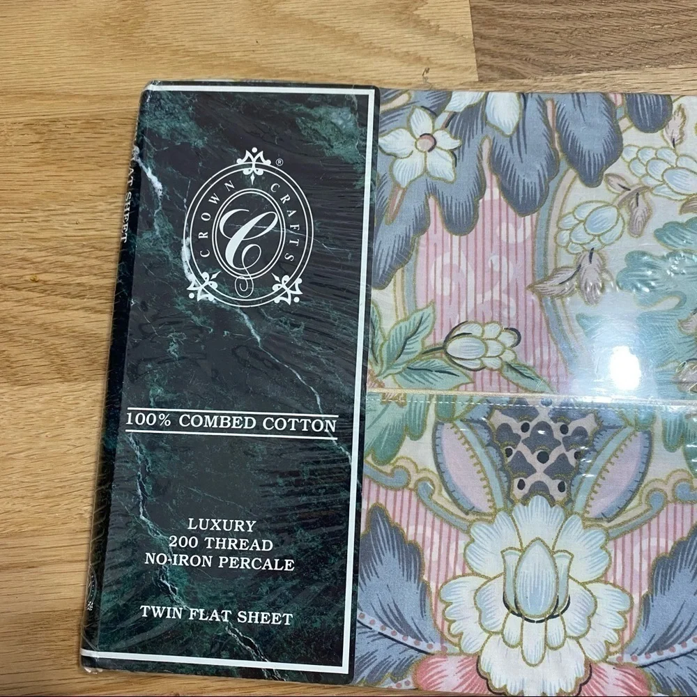 Crown Crafts Milan Twin Flat Sheet NEW Floral 100% Combed Cotton Floral Green